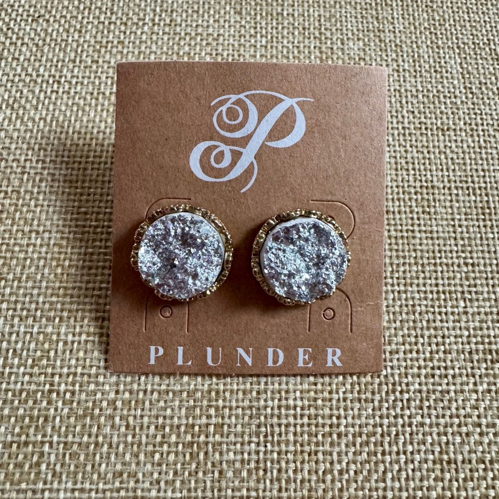 Plunder Silver and Gold Druzy Stud Earrings